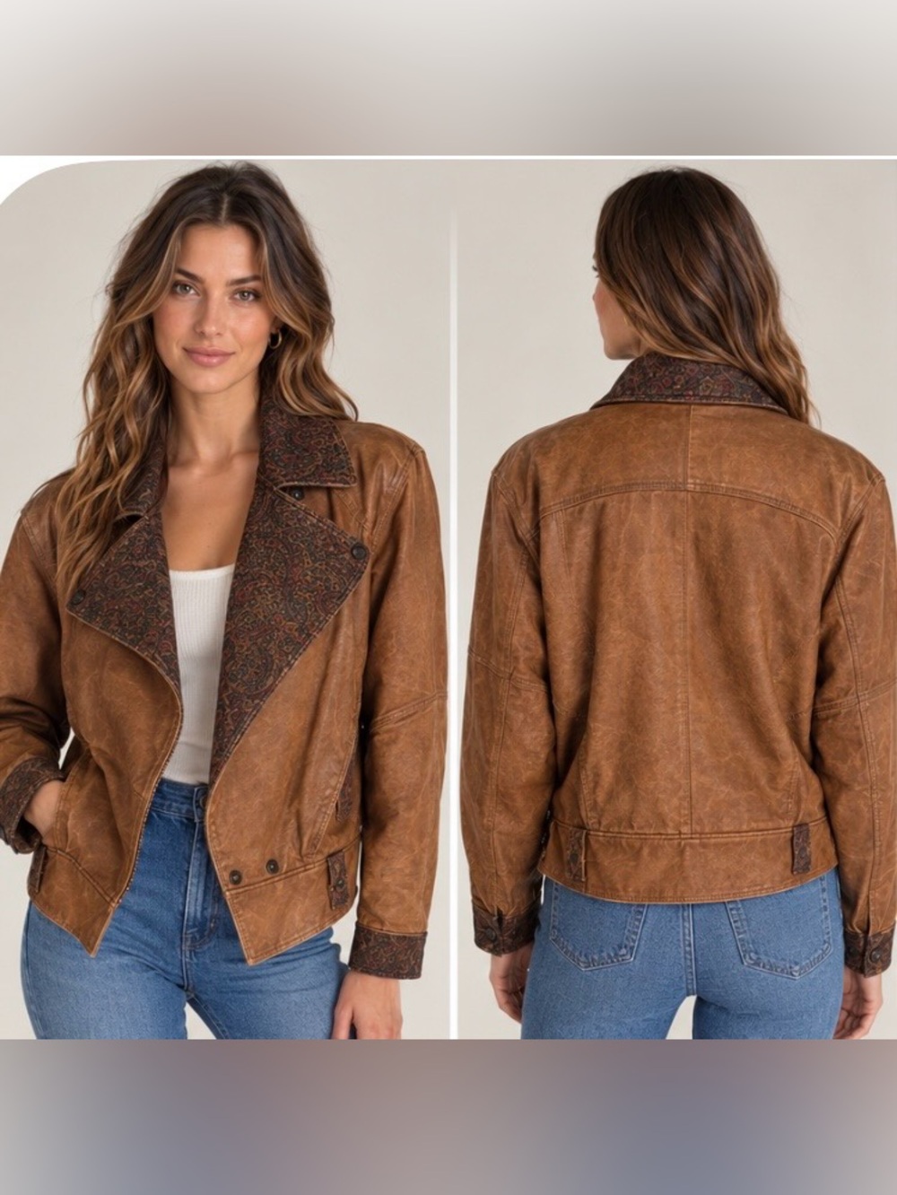 VTG Hunters Run Leather Jacket Women’s L Brown Paisley Floral Lined 80s 90s RARE